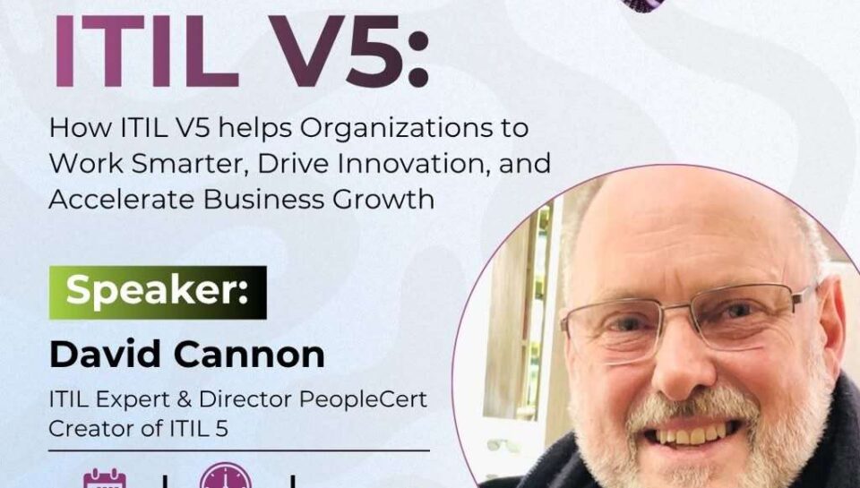AI Meets ITIL V5 free webinar flyer with David Cannon hosted by Training Heights on 22 July 2026 at 2 PM WAT