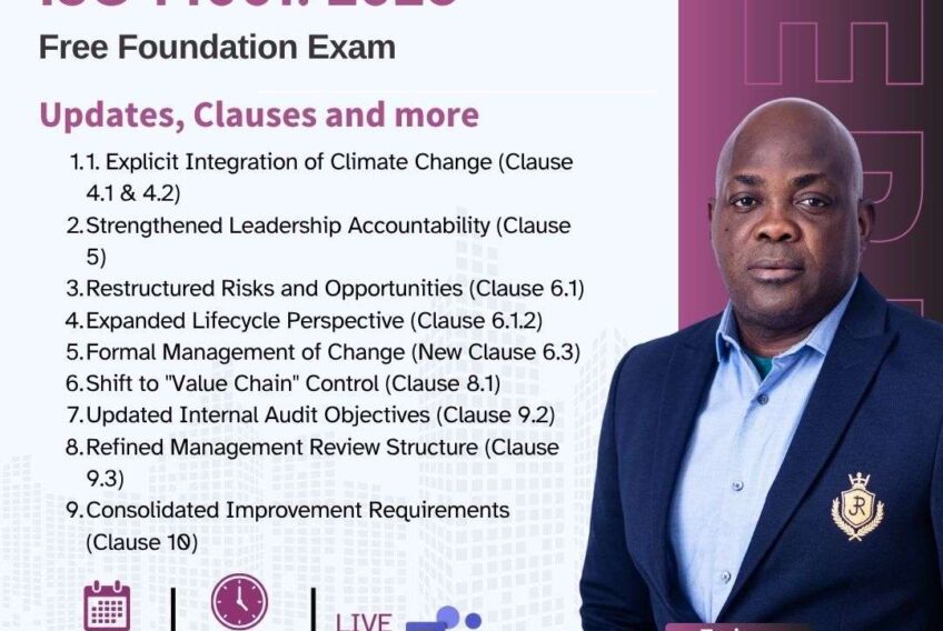 ISO 14001:2026 Foundation Training and Free Exam ISO 14001:2026 flyer for environmental management system updates, clauses and foundation exam by Training Heights