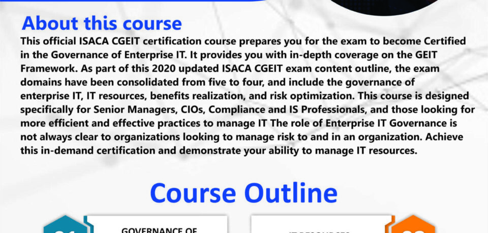 CGEIT: Certified in the Governance of Enterprise IT CGEIT certification by Training Heights showing the four exam domains, training dates and fees