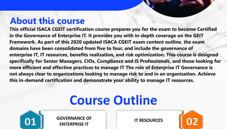 CGEIT certification by Training Heights showing the four exam domains, training dates and fees