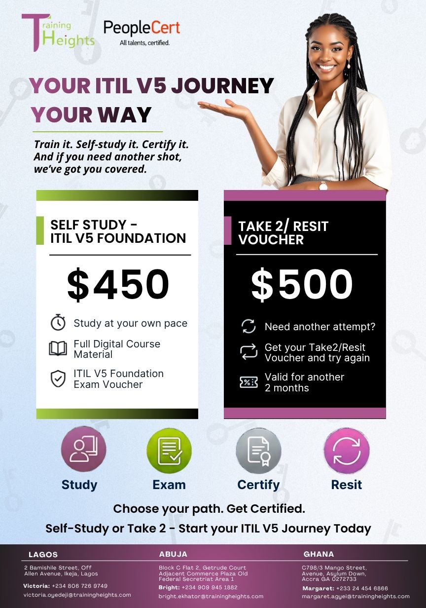 Training Heights ITIL V5 Foundation promotional flyer showing course options and pricing
