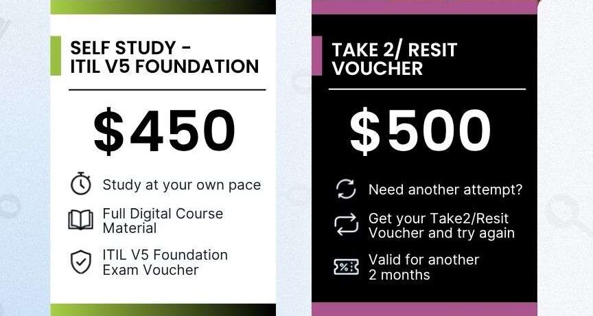 Training Heights ITIL V5 Foundation self-study voucher $450 and Take2 resit voucher $500 pricing