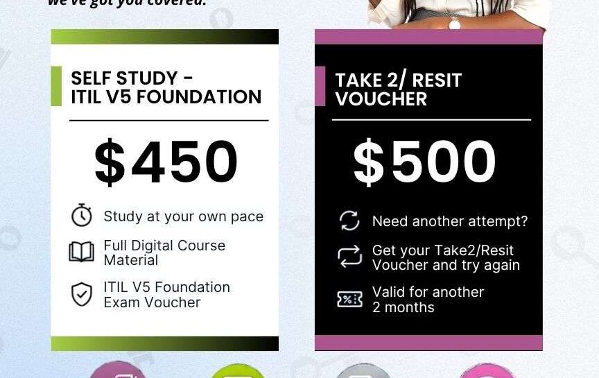 Training Heights ITIL V5 Foundation self-study voucher $450 and Take2 resit voucher $500 pricing
